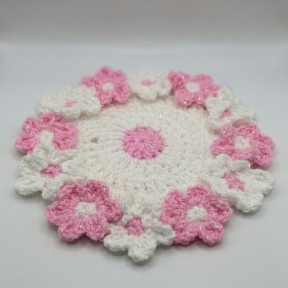 Handmade Pink and White Crochet Coaster - Picture 3 of 3